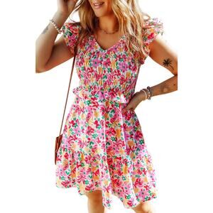 Pink  Multicolor Smocked Bodice Ruffle Trim Floral Dress New Sizes  L, XL